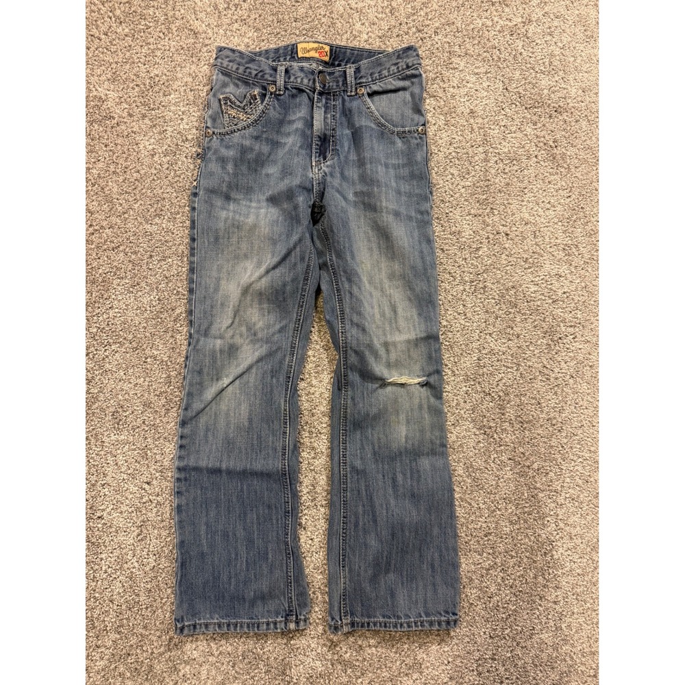 Wrangler 20X Jeans Youth 28X28 Blue Distressed Denim Straight Leg Boys Workwear*
